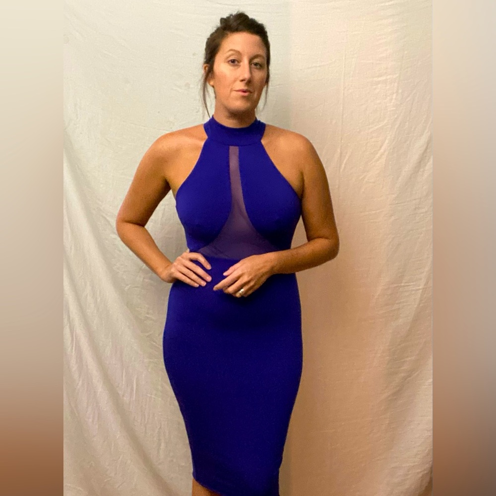 Nookie large blue bodycon dress with cutout and mesh